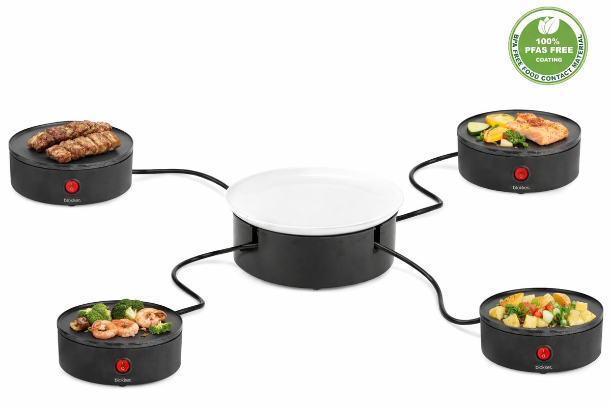 Blokker Raclettegrill - Gourmetset - 4 Aparte Kookunits Ø16 cm - met Serveerschaal - 450W per unit - Inclusief 4 Spatels - Stapelbaar Ontwerp - Tot 4 Personen - Ruimtebesparend - Grillmodules - Indicatielampje - RG-131530.1 Zwart
