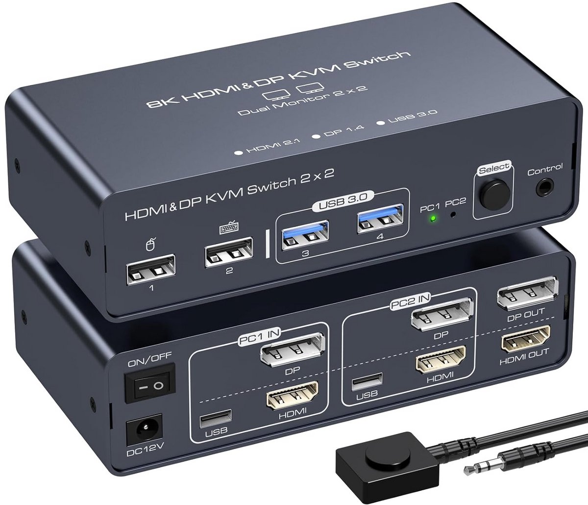 HDMI+DisplayPort KVM-switch 2 PC 2 schermen 8K@60Hz 4K@120Hz USB 3.0 aluminium