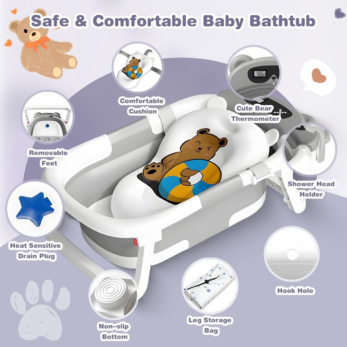 Opvouwbare babybadkuip met badkussen en antislipmat - inklapbare badkuip met thermometer voor pasgeborenen tot 36 maanden thumbnail 3