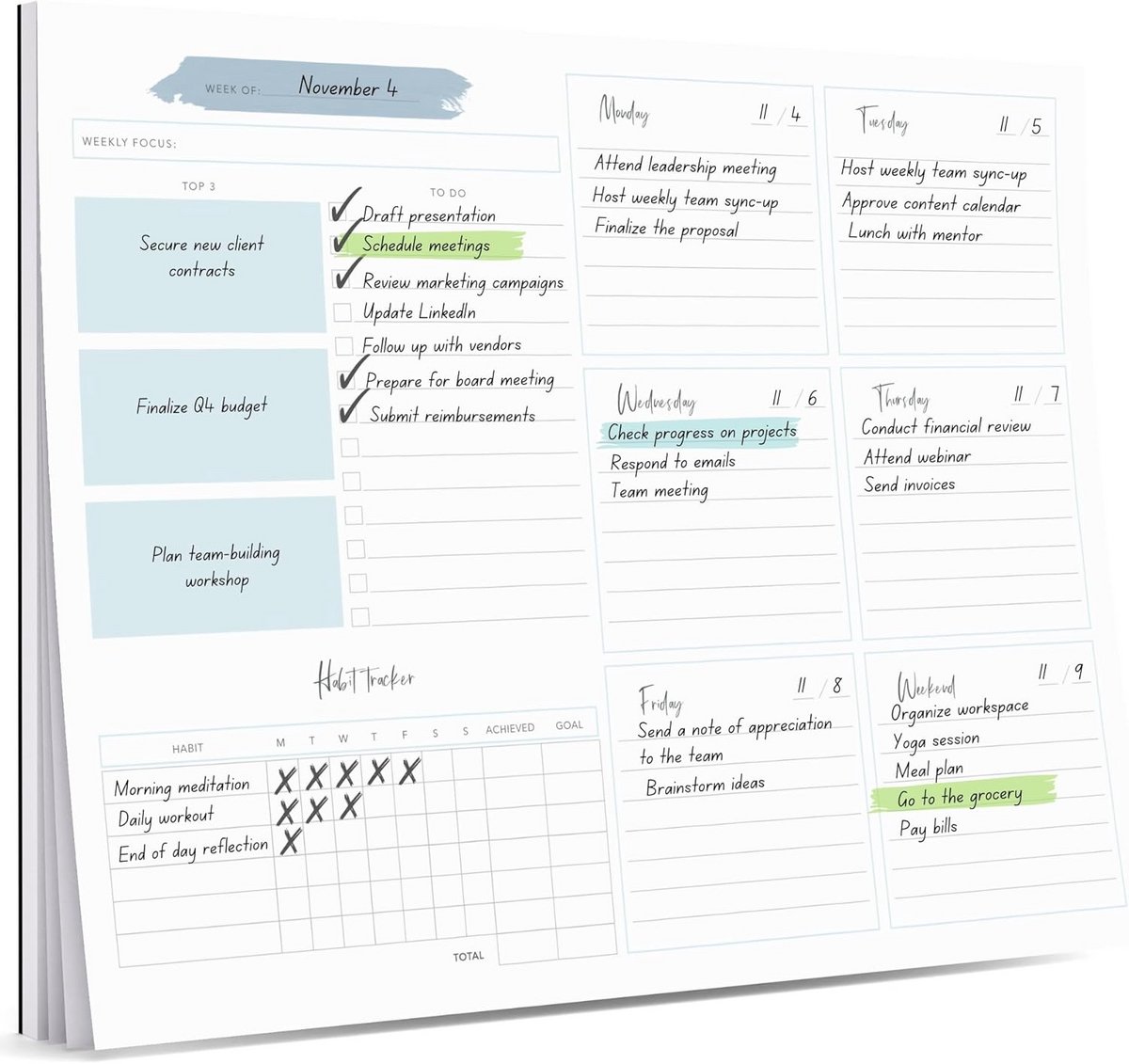 Wekelijks Planner Blok - 52 Ongedateerde Vellen, 10x7.8 inch, 100 g/m² FSC-Papier, Stevige Kartonnen Achterkant - Ideaal voor Productiviteit en Dagelijkse Planning