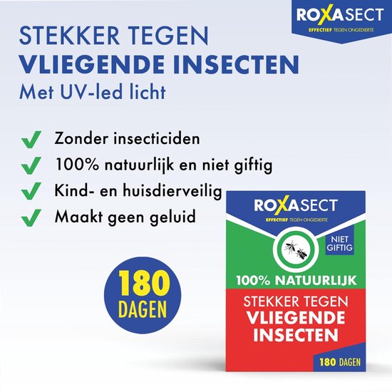 Roxasect UV Stekker tegen muggen en vliegende insecten - 100% natuurlijk - zonder insecticide - kind- en diervriendelijk - 1 stekker incl 2 plakstrips