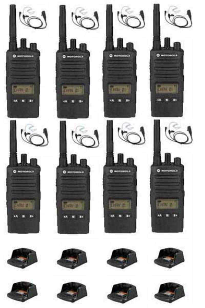 Set van 8 Motorola XT460 IP55 PMR446 met beveiliging oortje M1 2-Pins en tafellader