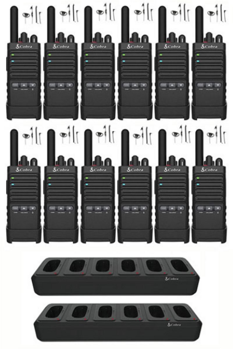 Set van 12 Cobra PX650 UHF PMR446 portofoons met multilader en D-shape oortje