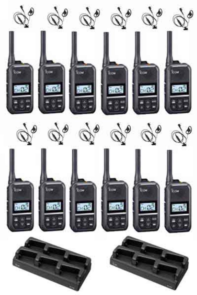 Set van 12 Icom IC-U20SR IP54 mini Portofoon met multilader en D-shape oortje