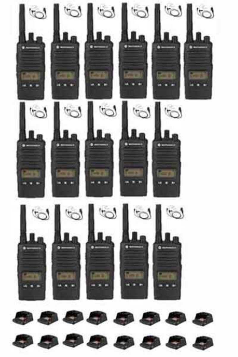 Set van 16 Motorola XT460 IP55 PMR446 met beveiliging oortje M1 2-Pins en tafellader