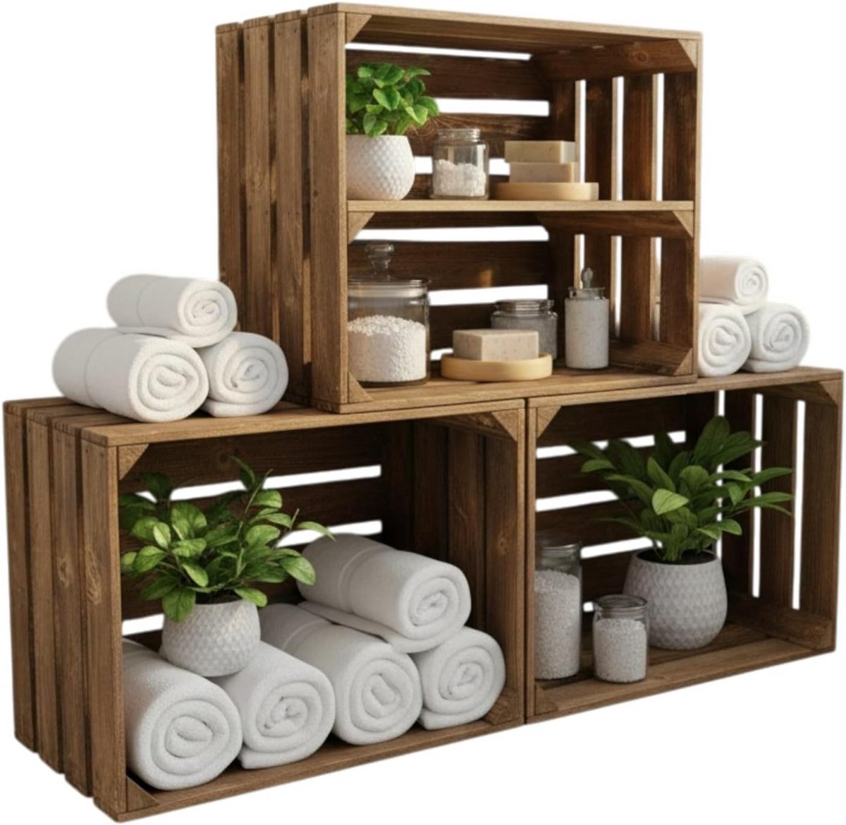 Set van 3 Gevlamde Houten Kisten voor Opslag en Decoratie 50x40x30 cm