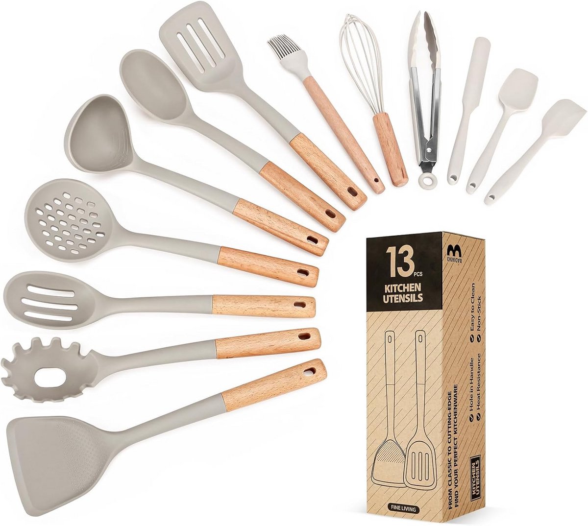 Complete Siliconen Keukengerei Set met Houten Handvatten - 13 Delig