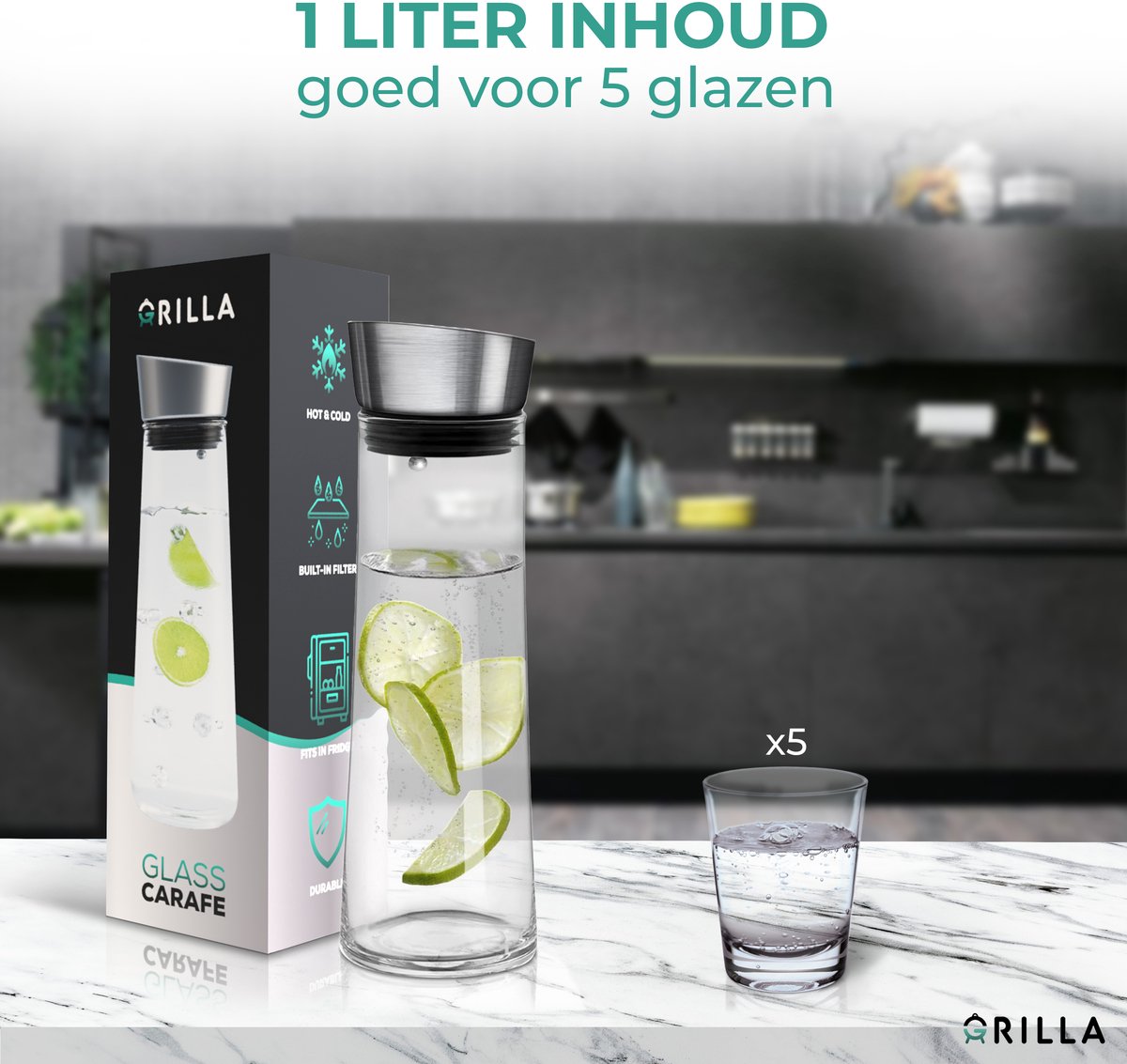 Grilla Karaf – Waterkan met Deksel en Filter – Waterkaraf – Glas – 1000ml — cadeau in Koken & Dineren - foto 8