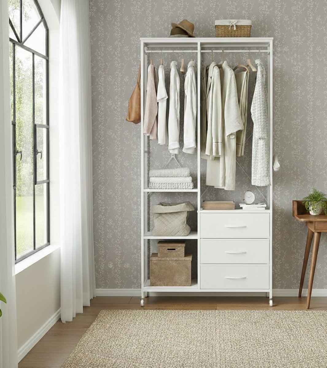 Premium Verrijdbaar Kledingrek met Laden, Haken en Verstelbare Planken – Stabiele Kledingstandaard op Wielen – Open Kledingkast voor Slaapkamer, Hal of Woonkamer – House&Garden – Wit