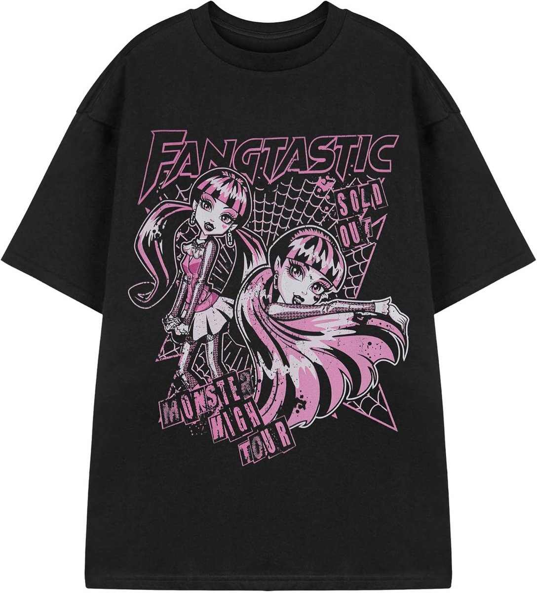 Monster High Draculaura T-shirt met Spinnenweb Motief, Zwart met Roze en Witte Prints, Korte Mouwen, Ronde Hals