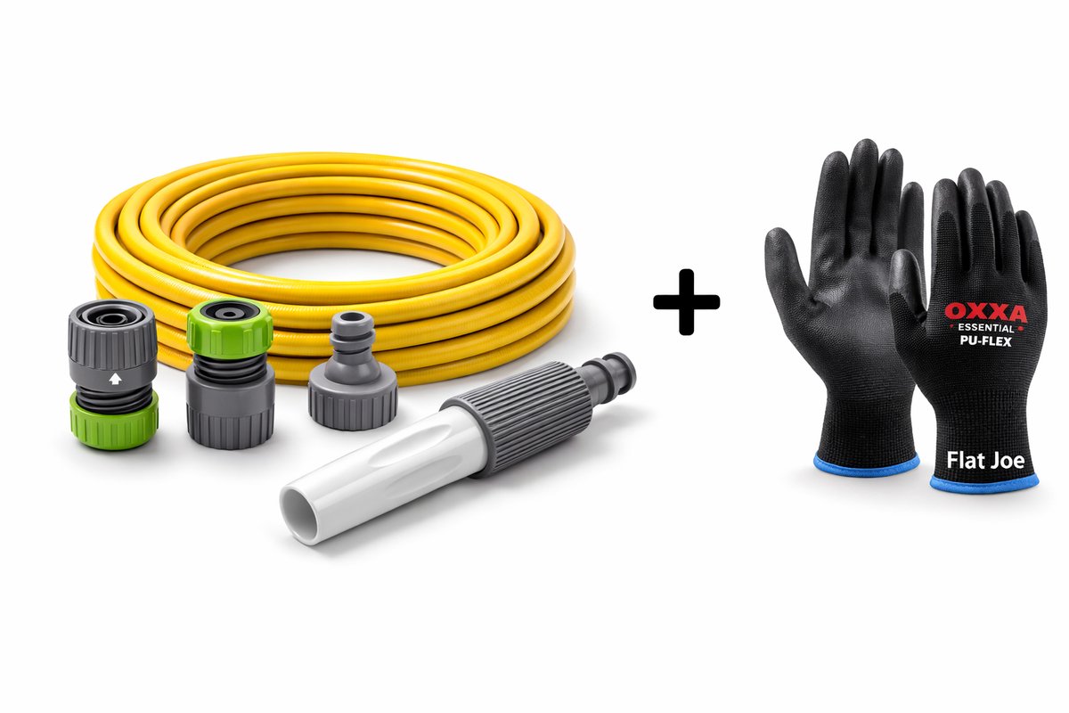 Flat Joe ® Tuinslang set VIP (1/2" slang 25m - koppelingen - tuinspuit - handschoenen) - bewatering - gardena - waterslang - reiniging