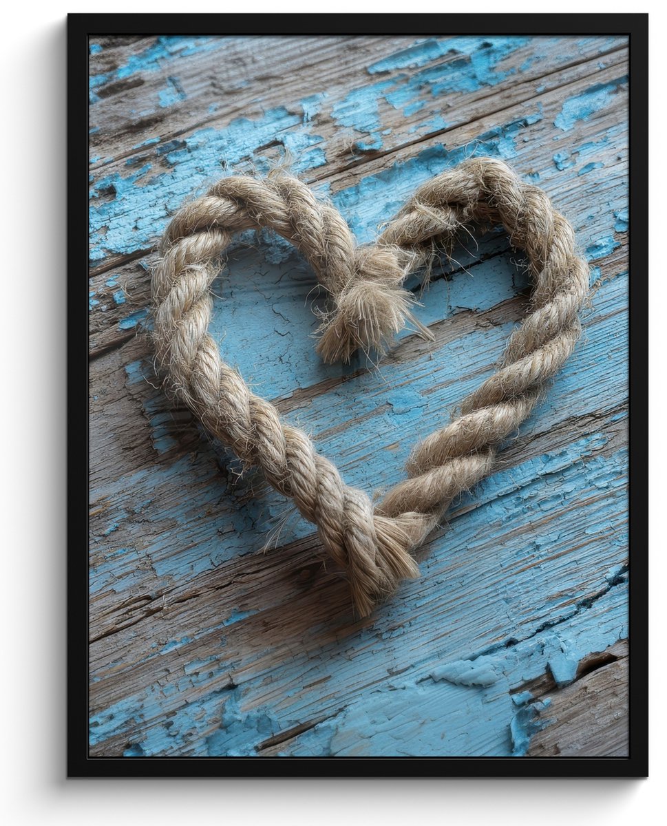 FrameYourWall Poster in lijst - Fotolijst 50x70 cm - Posters - Hart - Touw - Hout - Rustiek - Posterlijst zwart - Decoratie - Wanddecoratie woonkamer - Muurdecoratie slaapkamer