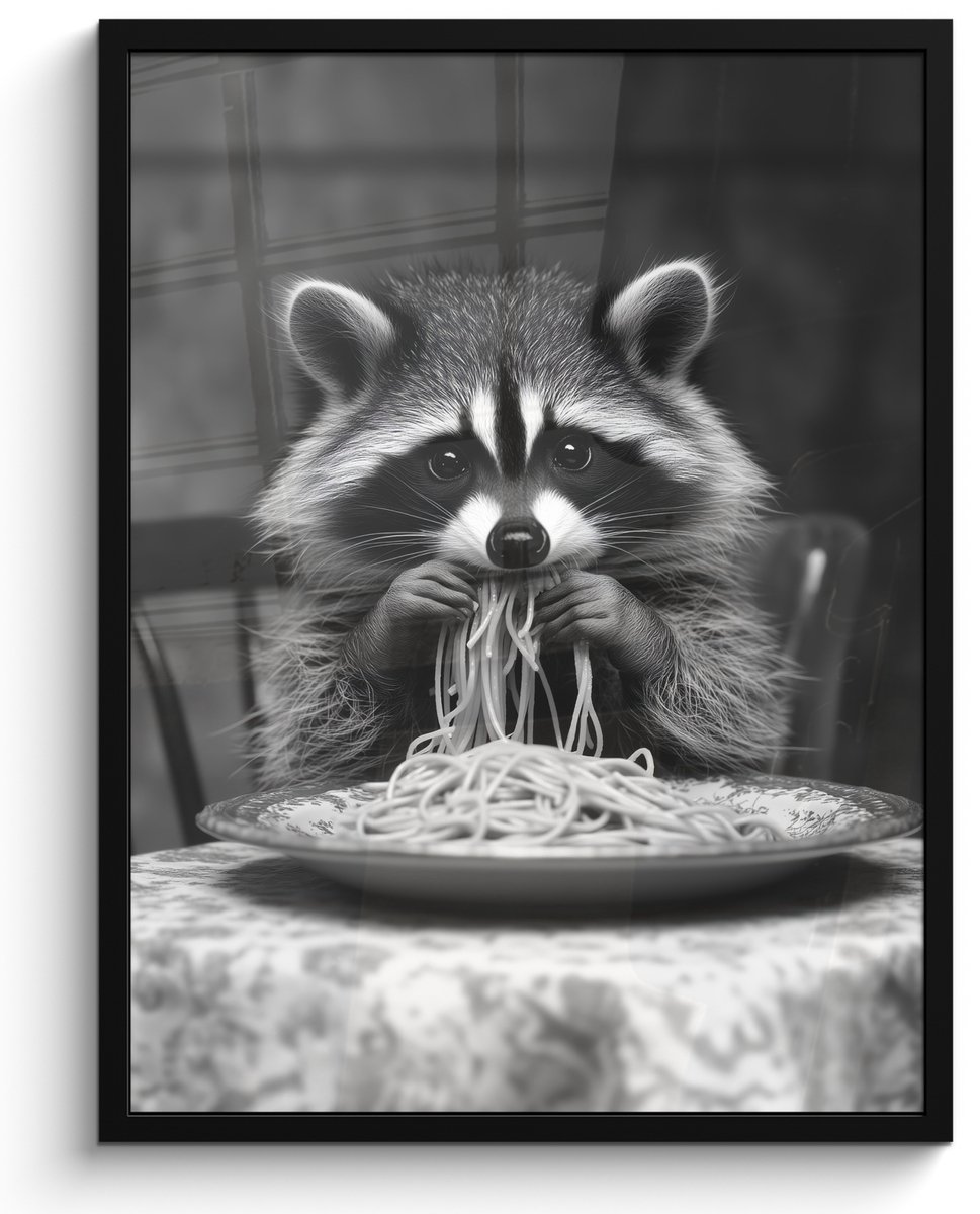 FrameYourWall Poster in lijst - Fotolijst 50x70 cm - Posters - Wasbeer - Cute - Pasta - Tafelkleed - Zwart - Wit - Posterlijst zwart - Decoratie - Wanddecoratie woonkamer - Muurdecoratie slaapkamer