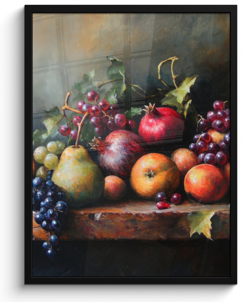 FrameYourWall Poster in lijst - Fotolijst 50x70 cm - Posters - Rustiek - Stilleven - Fruit - Posterlijst zwart - Decoratie - Wanddecoratie woonkamer - Muurdecoratie slaapkamer Fruit tafel - Stilleven