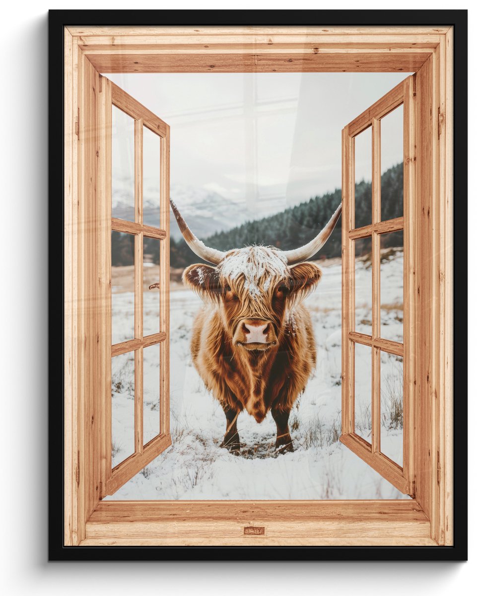 FrameYourWall Poster in lijst - Fotolijst 50x70 cm - Posters - Schotse Hooglander - Landschap - Landelijk - Bergen - Winter - Doorkijk - Posterlijst zwart - Decoratie - Wanddecoratie woonkamer - Muurdecoratie slaapkamer