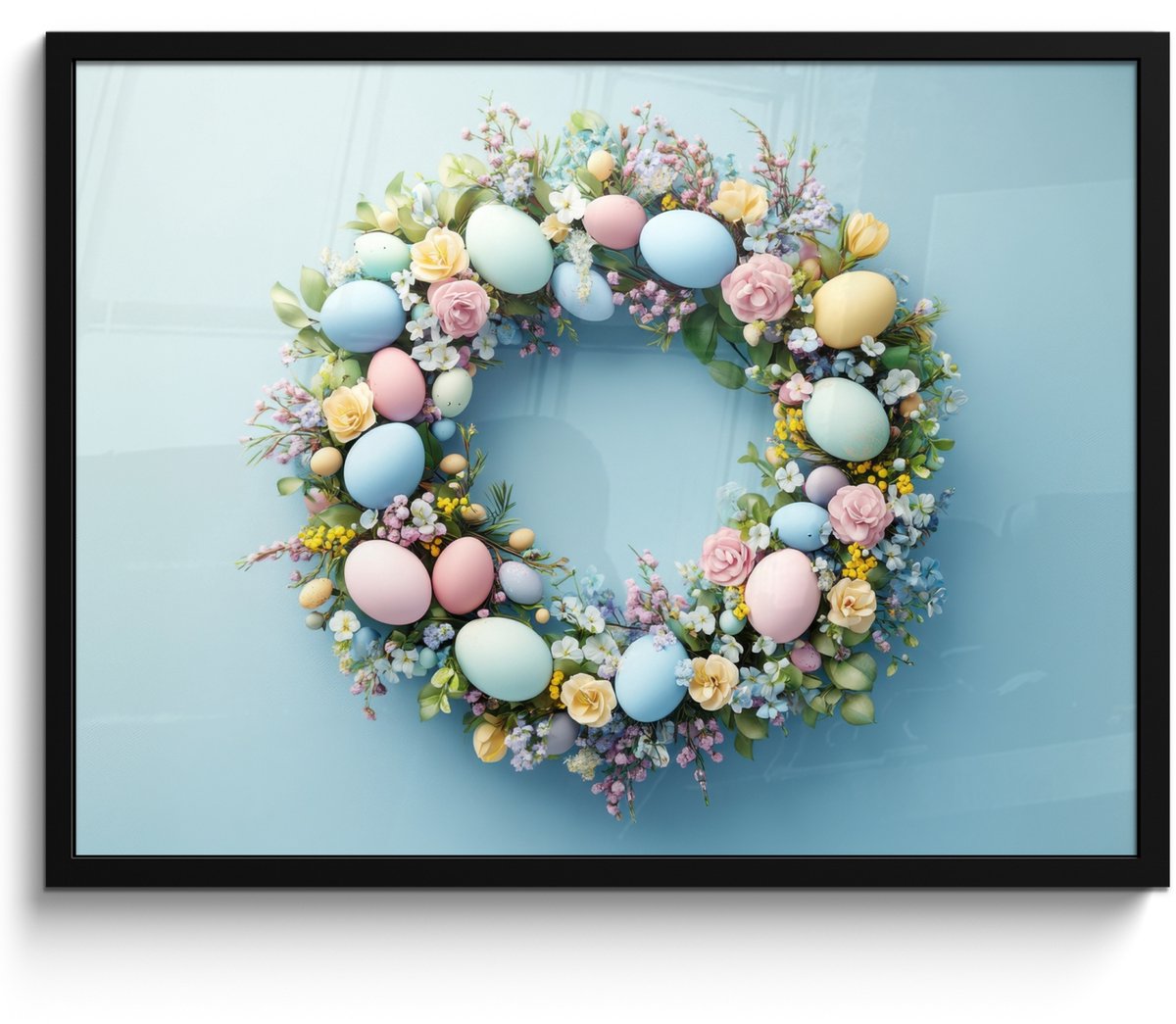 FrameYourWall Poster in lijst - Fotolijst 70x50 cm - Posters - Krans - Eieren - Bloemen - Posterlijst zwart - Decoratie - Wanddecoratie woonkamer - Muurdecoratie slaapkamer Paaskrans