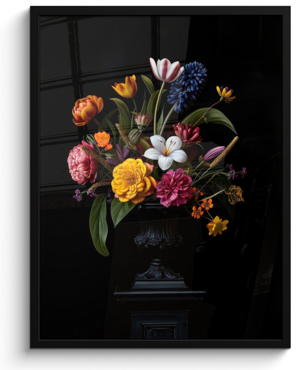 FrameYourWall Poster in lijst - Fotolijst 50x70 cm - Posters - Lente - Bloemen - Klassiek - Vaas - Posterlijst zwart - Decoratie - Wanddecoratie woonkamer - Muurdecoratie slaapkamer Boeket - Bloemen 3