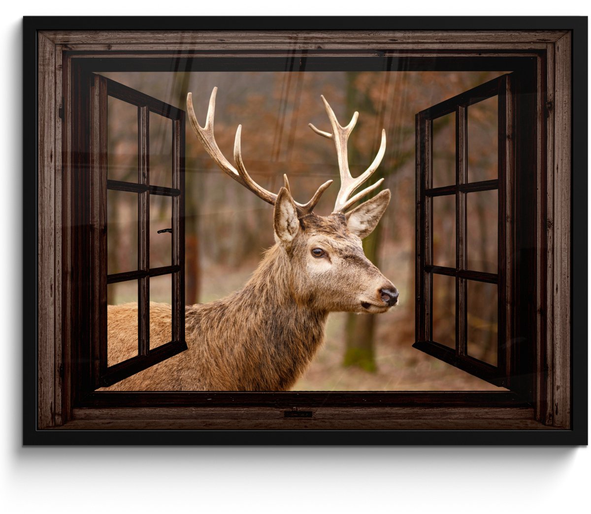 FrameYourWall Poster in lijst - Fotolijst 70x50 cm - Posters - Hert - Dier - Bos - Herfst - Hertenkop - Bruin - Doorkijk - Posterlijst zwart - Decoratie - Wanddecoratie woonkamer - Muurdecoratie slaapkamer