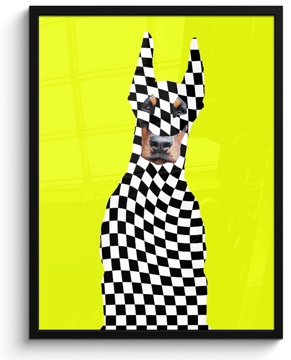 FrameYourWall Poster in lijst - Fotolijst 50x70 cm - Posters - Dobermann - Geblokt - Geel - Posterlijst zwart - Decoratie - Wanddecoratie woonkamer - Muurdecoratie slaapkamer Hond - Geblokt