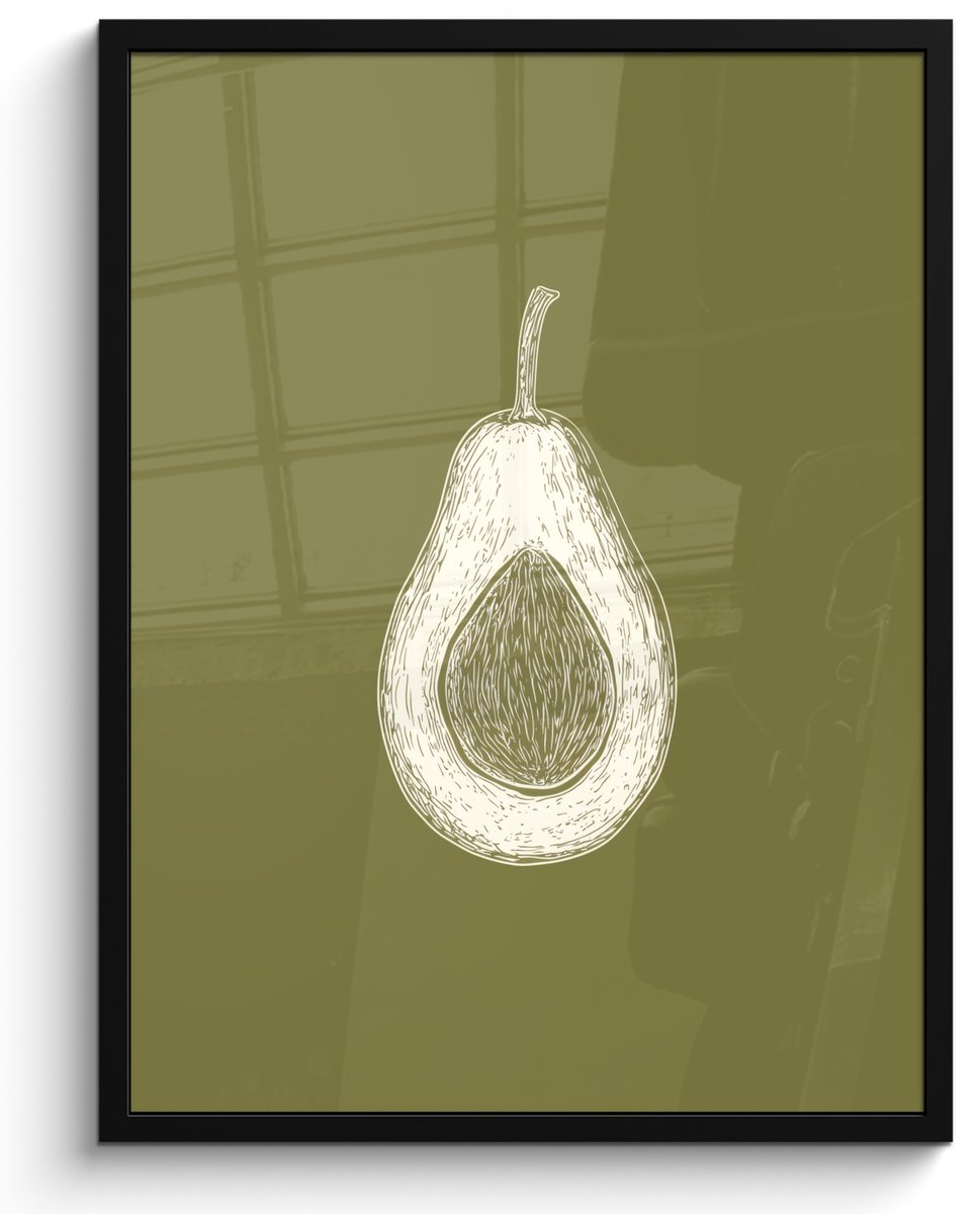 FrameYourWall Poster in lijst - Fotolijst 50x70 cm - Posters - Avocado - Minimalistisch - Illustratie - Groen - Posterlijst zwart - Decoratie - Wanddecoratie woonkamer - Muurdecoratie slaapkamer