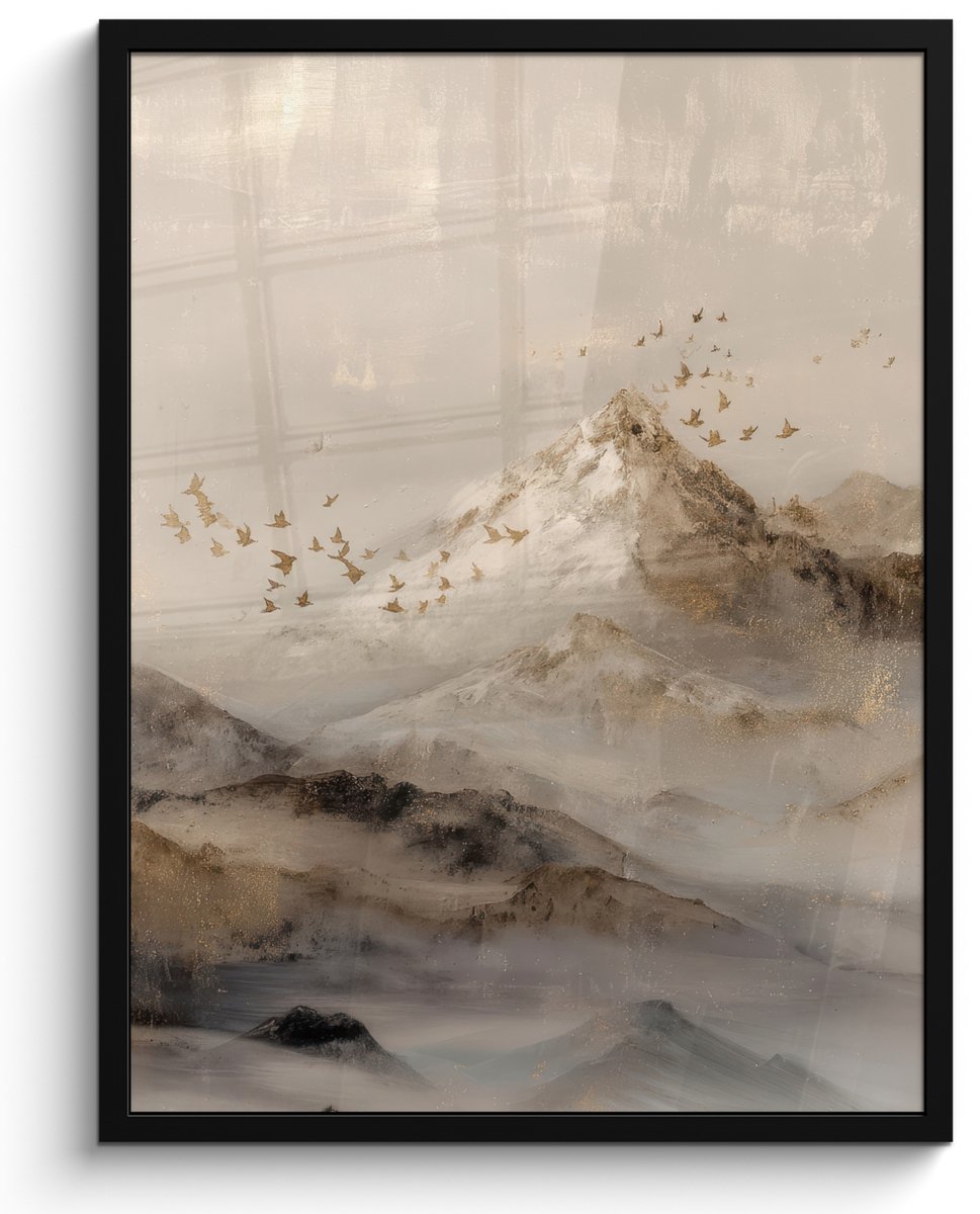 FrameYourWall Poster in lijst - Fotolijst 50x70 cm - Posters - Berglandschap - Mist - Penseelstreken - Posterlijst zwart - Decoratie - Wanddecoratie woonkamer - Muurdecoratie slaapkamer