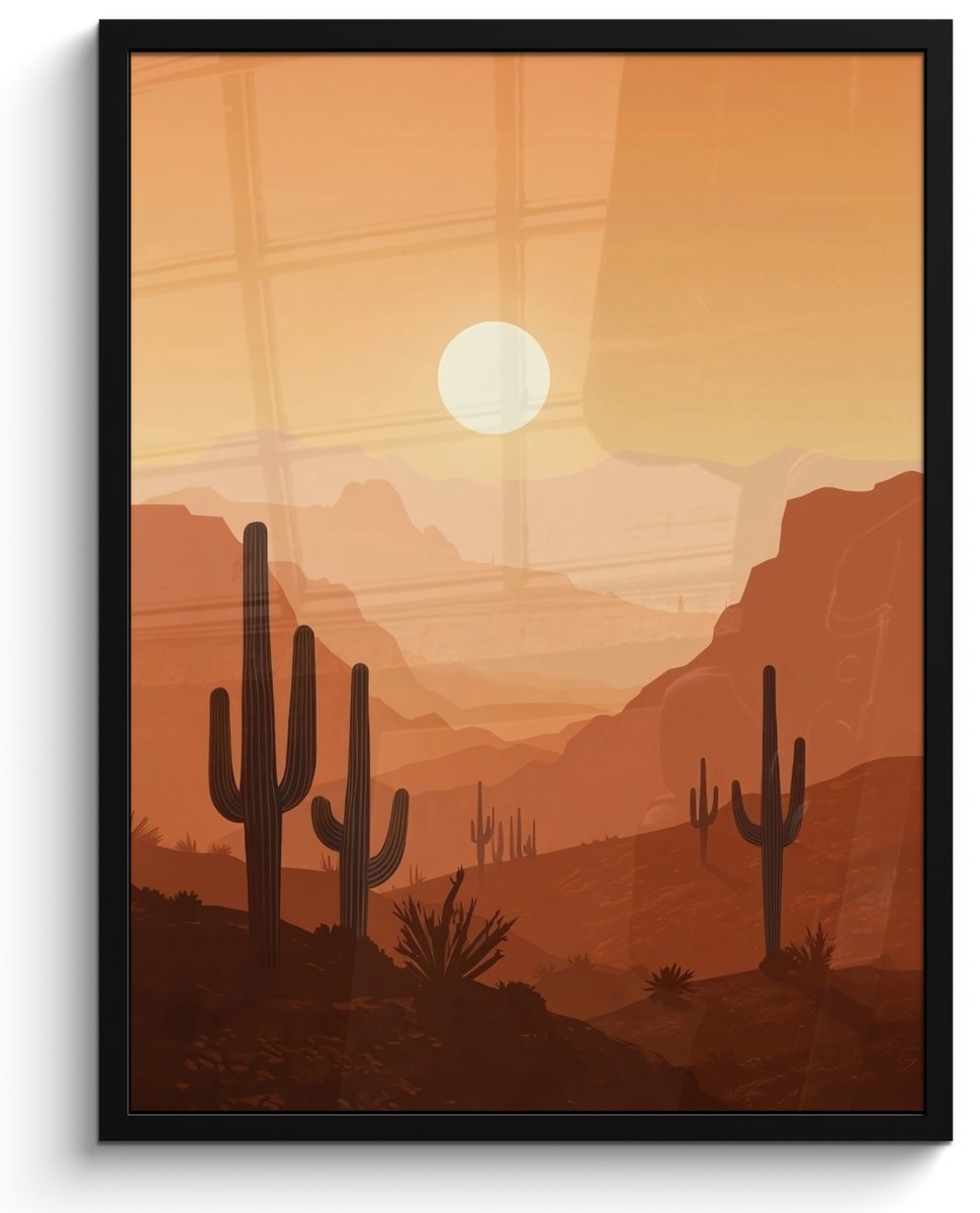 FrameYourWall Poster in lijst - Fotolijst 50x70 cm - Posters - Landschap - Woestijn - Cactussen - Zon - Posterlijst zwart - Decoratie - Wanddecoratie woonkamer - Muurdecoratie slaapkamer