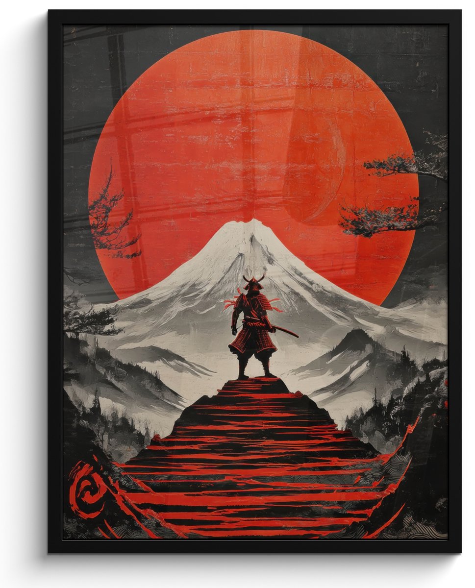 FrameYourWall Poster in lijst - Fotolijst 50x70 cm - Posters - Krijger - Rode trappen - Zon - Berg - Posterlijst zwart - Decoratie - Wanddecoratie woonkamer - Muurdecoratie slaapkamer Krijger - Zon - Berg