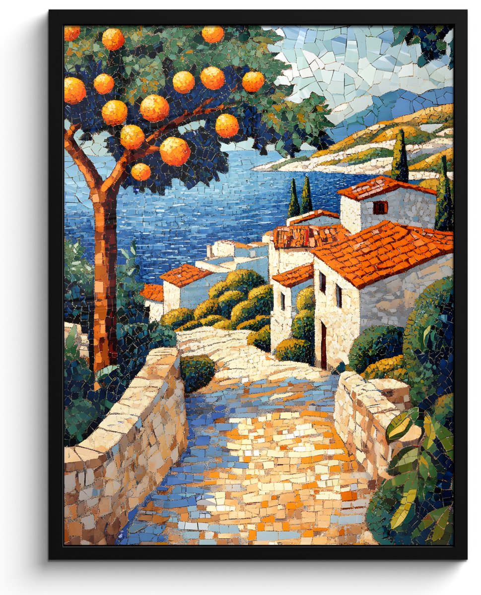 FrameYourWall Poster in lijst - Fotolijst 50x70 cm - Posters - Huizen - Mozaïek - Sinaasappelbomen - Zee - Posterlijst zwart - Decoratie - Wanddecoratie woonkamer - Muurdecoratie slaapkamer Dorp - Zee - Mozaïek