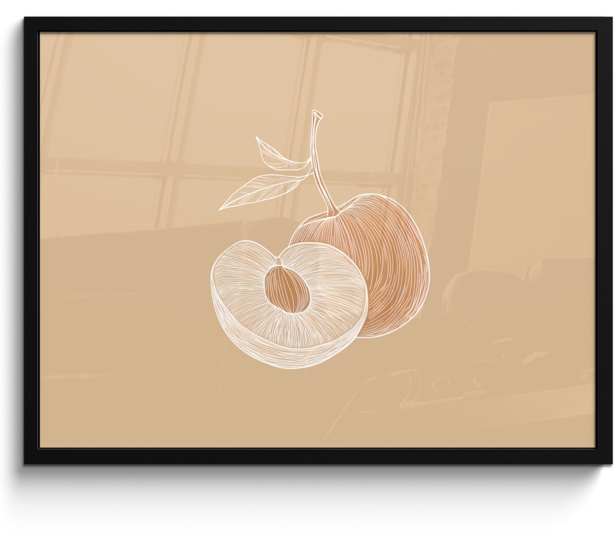 FrameYourWall Poster in lijst - Fotolijst 70x50 cm - Posters - Perzik - Lijntekening - Pit - Beige - Posterlijst zwart - Decoratie - Wanddecoratie woonkamer - Muurdecoratie slaapkamer