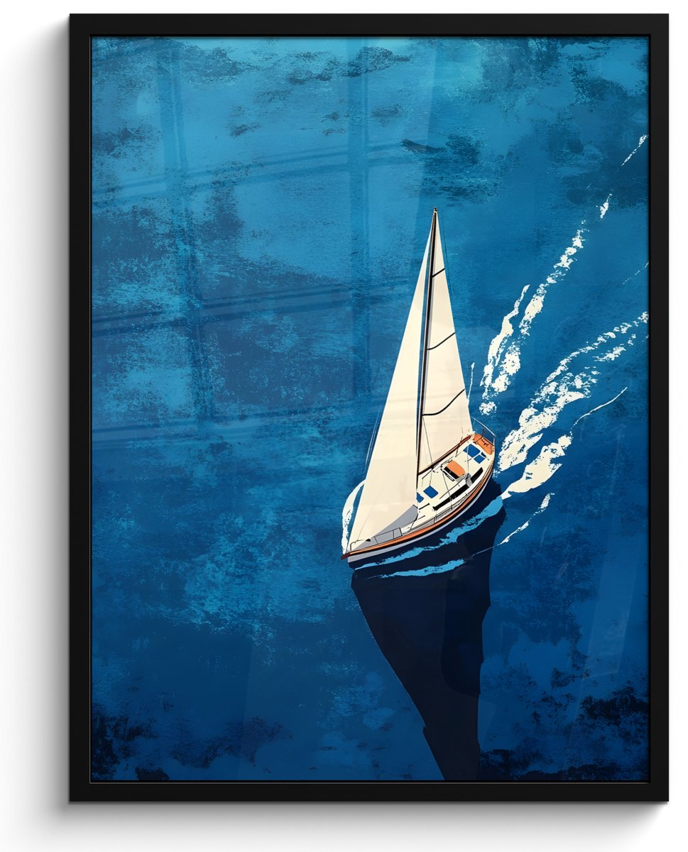 FrameYourWall Poster in lijst - Fotolijst 50x70 cm - Posters - Zeilboot - Water - Abstract - Schaduw - Posterlijst zwart - Decoratie - Wanddecoratie woonkamer - Muurdecoratie slaapkamer