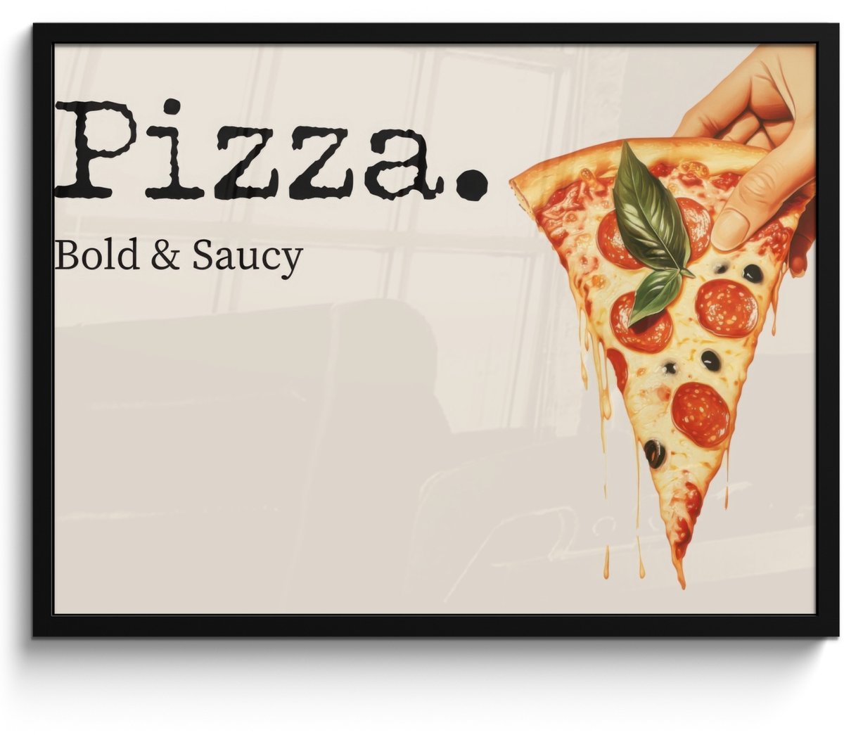 FrameYourWall Poster in lijst - Fotolijst 70x50 cm - Posters - Pizza - Kaas - Pepperoni - Posterlijst zwart - Decoratie - Wanddecoratie woonkamer - Muurdecoratie slaapkamer Pizza - Tekst