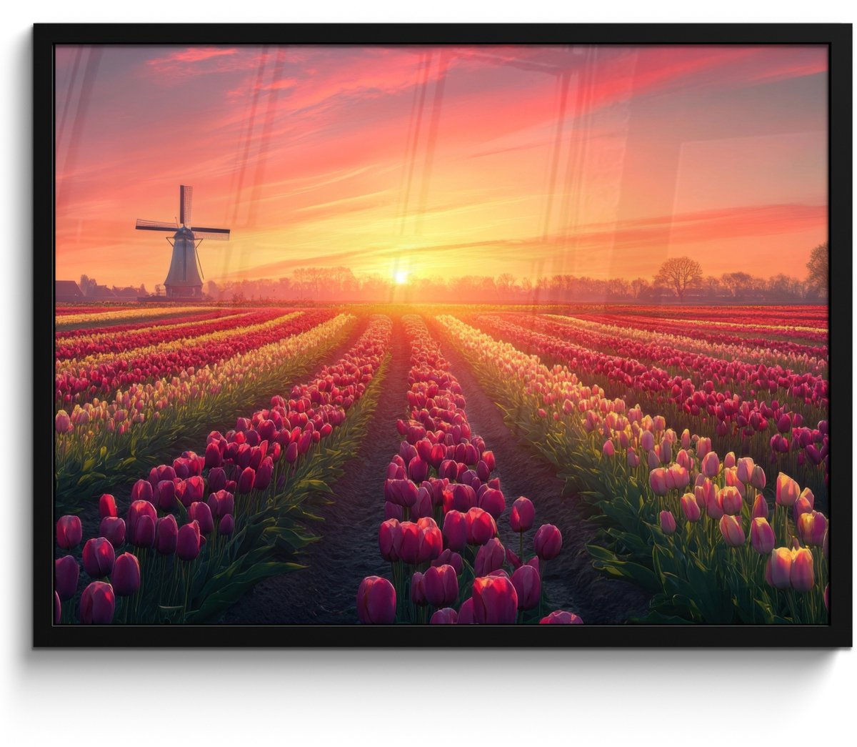 FrameYourWall Poster in lijst - Fotolijst 70x50 cm - Posters - Windmolen - Zonsondergang - Landschap - Posterlijst zwart - Decoratie - Wanddecoratie woonkamer - Muurdecoratie slaapkamer Bloemen - Tulpen