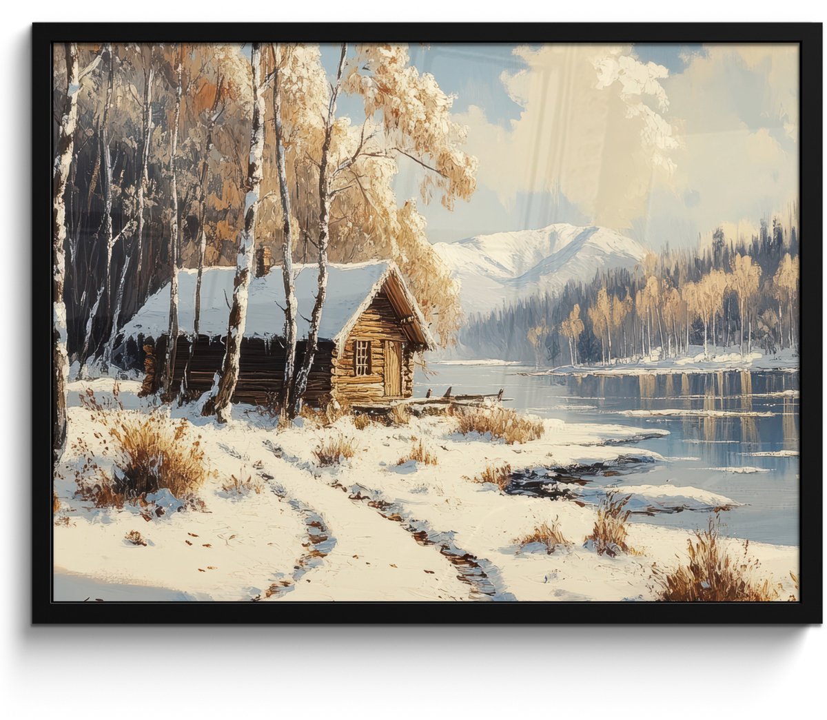 FrameYourWall Poster in lijst - Fotolijst 70x50 cm - Posters - Winter - Sneeuw - Huis - Natuur - Posterlijst zwart - Decoratie - Wanddecoratie woonkamer - Muurdecoratie slaapkamer Winter - Meer - Huis