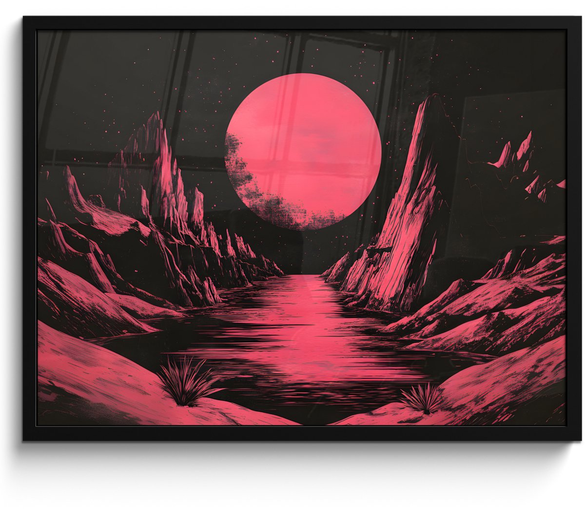 FrameYourWall Poster in lijst - Fotolijst 70x50 cm - Posters - Maan - Felroze - Bergen - Rivier - Posterlijst zwart - Decoratie - Wanddecoratie woonkamer - Muurdecoratie slaapkamer Maan - Bergen