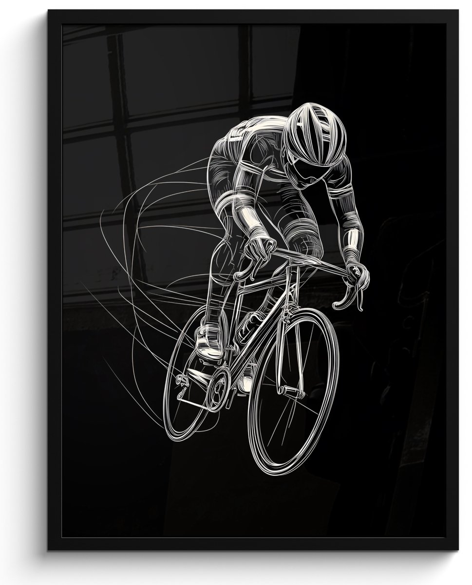 FrameYourWall Poster in lijst - Fotolijst 50x70 cm - Posters - Lijntekening - Wit - Wielrennen - Snelheid - Posterlijst zwart - Decoratie - Wanddecoratie woonkamer - Muurdecoratie slaapkamer Wielrenner - Fiets