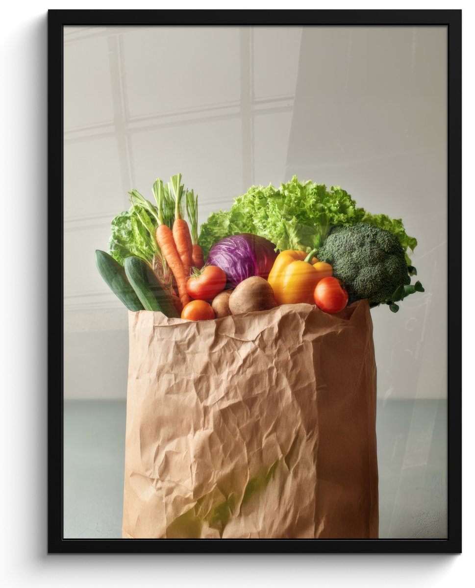 FrameYourWall Poster in lijst - Fotolijst 50x70 cm - Posters - Papieren - Boodschappen - Groente - Kleurrijk - Posterlijst zwart - Decoratie - Wanddecoratie woonkamer - Muurdecoratie slaapkamer Groente - Tas