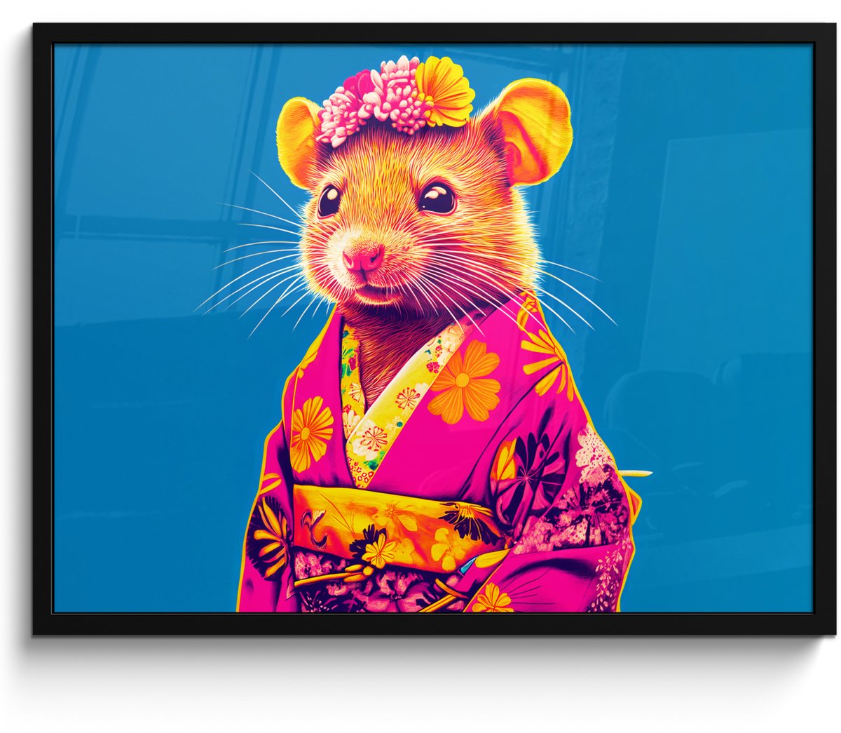 FrameYourWall Poster in lijst - Fotolijst 70x50 cm - Posters - Muis - Kimono - Bloemen - Blauw - Posterlijst zwart - Decoratie - Wanddecoratie woonkamer - Muurdecoratie slaapkamer