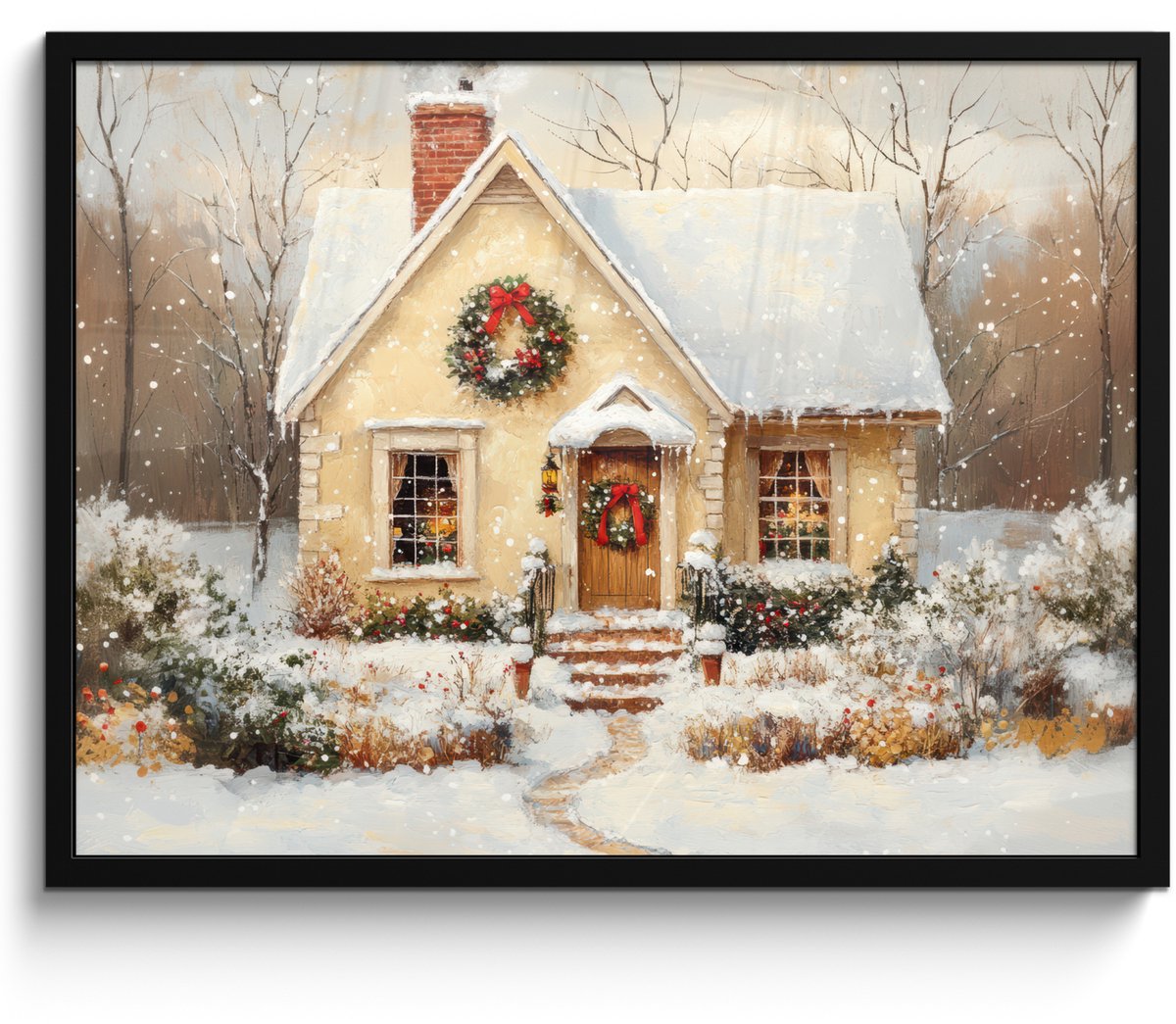 FrameYourWall Poster in lijst - Fotolijst 70x50 cm - Posters - Kerst - Huis - Winter - Sneeuw - Posterlijst zwart - Decoratie - Wanddecoratie woonkamer - Muurdecoratie slaapkamer - Kerstversiering - Kerstdecoratie voor binnen - Kerstmis Huis - Sneeuw
