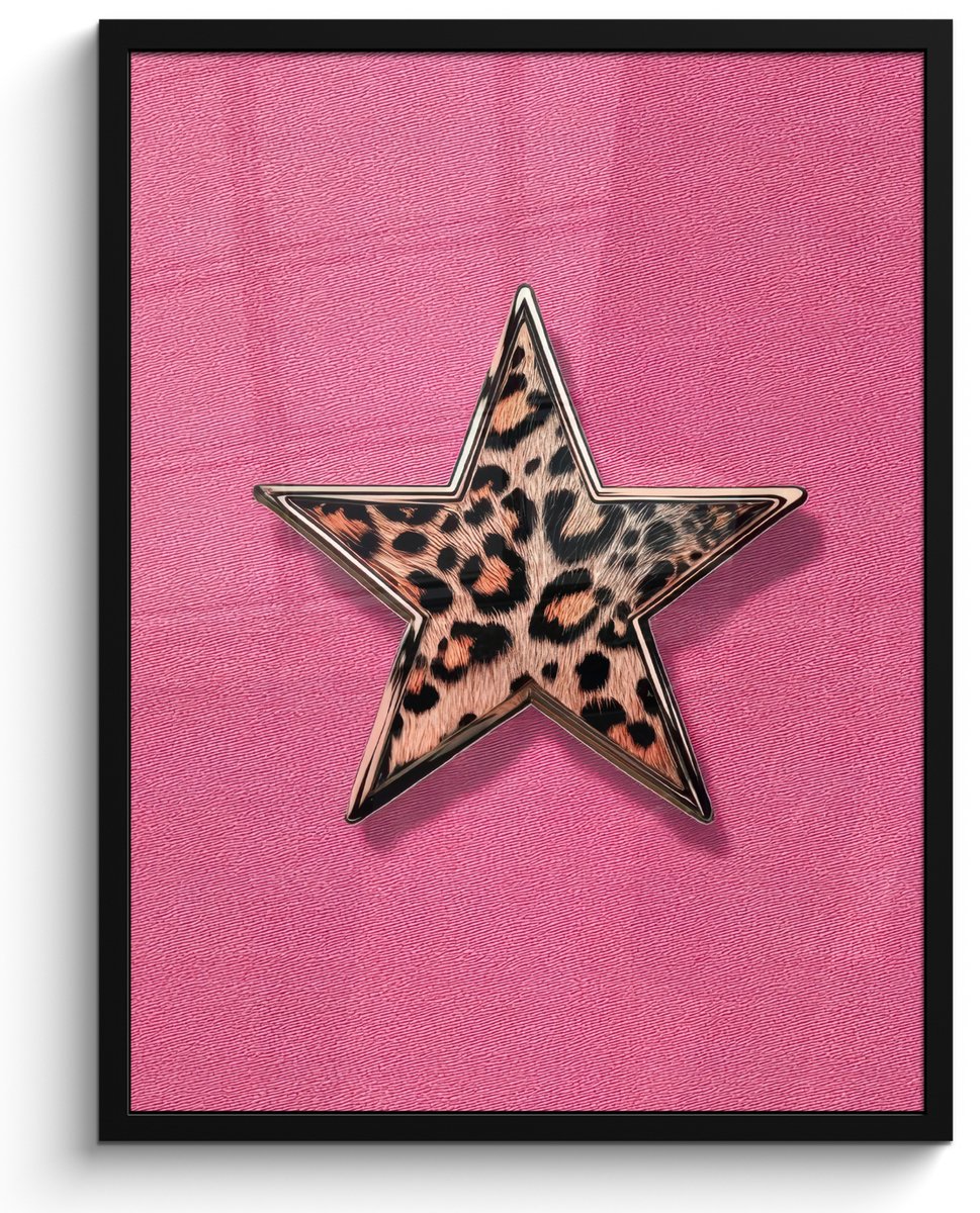 FrameYourWall Poster in lijst - Fotolijst 50x70 cm - Posters - Ster - Luipaard - Print - Roze - Posterlijst zwart - Decoratie - Wanddecoratie woonkamer - Muurdecoratie slaapkamer