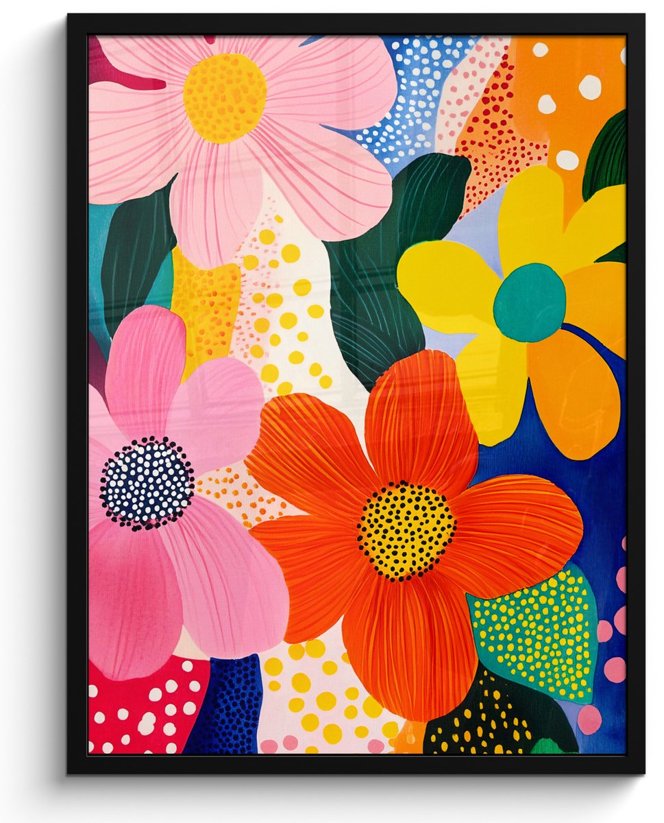 FrameYourWall Poster in lijst - Fotolijst 50x70 cm - Posters - Bloemen - Kleurrijk - Stippen - Posterlijst zwart - Decoratie - Wanddecoratie woonkamer - Muurdecoratie slaapkamer Stippen - Vormen - Modern