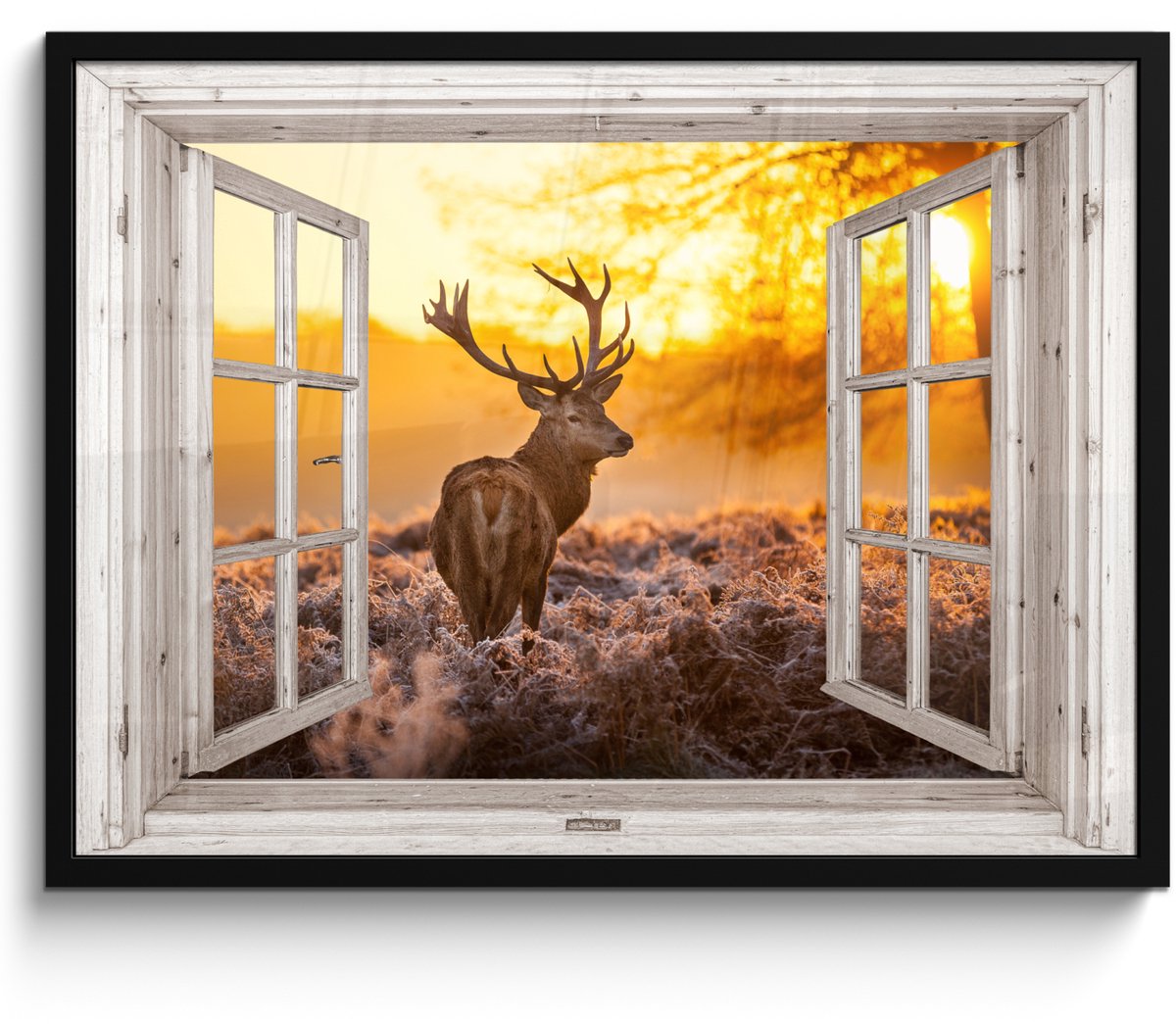 FrameYourWall Poster in lijst - Fotolijst 70x50 cm - Posters - Hert - Herfst - Dieren - Natuur - Bos - Doorkijk - Posterlijst zwart - Decoratie - Wanddecoratie woonkamer - Muurdecoratie slaapkamer