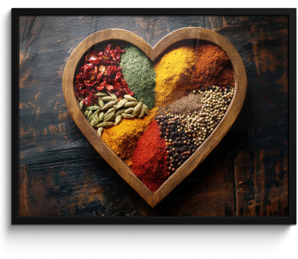 FrameYourWall Poster in lijst - Fotolijst 70x50 cm - Posters - Houten - Hart - Kleurrijke - Specerijen - Posterlijst zwart - Decoratie - Wanddecoratie woonkamer - Muurdecoratie slaapkamer Hart - Specerijen