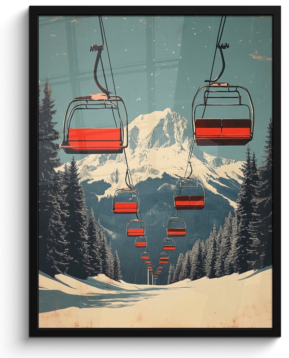 FrameYourWall Poster in lijst - Fotolijst 50x70 cm - Posters - Sneeuw - Skilift - Rood - Bomen - Posterlijst zwart - Decoratie - Wanddecoratie woonkamer - Muurdecoratie slaapkamer