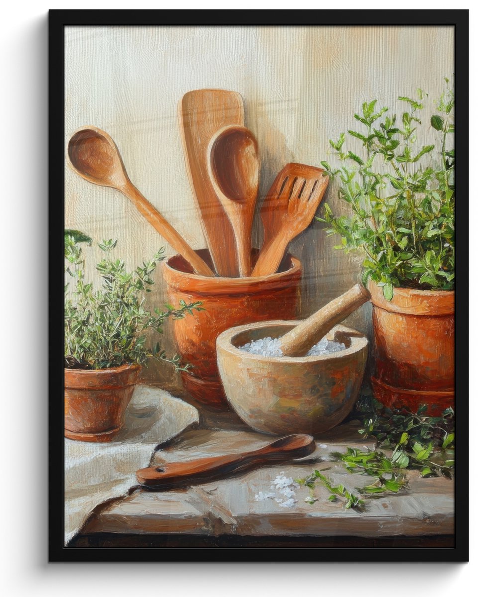 FrameYourWall Poster in lijst - Fotolijst 50x70 cm - Posters - Potten - Kruiden - Hout - Posterlijst zwart - Decoratie - Wanddecoratie woonkamer - Muurdecoratie slaapkamer Potten - Stilleven