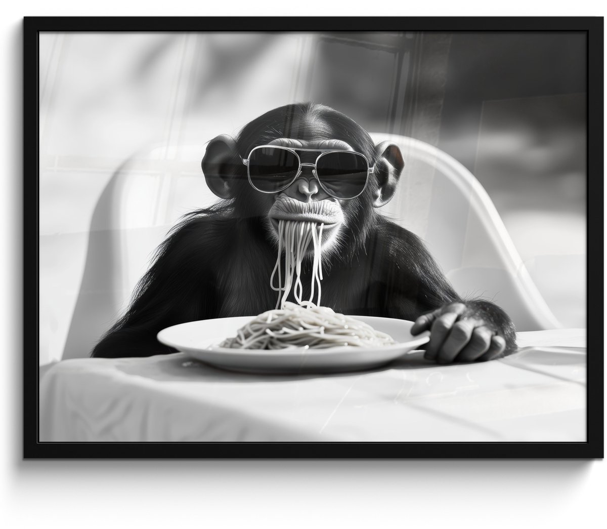 FrameYourWall Fotolijst incl. Poster Zwart Wit- Aap - Spaghetti - Zonnebril - Zwart wit - Cool - Dier - 70x50 cm - Posterlijst