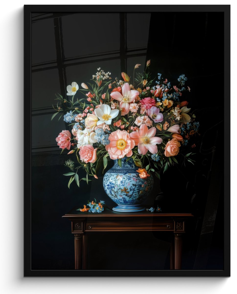 FrameYourWall Poster in lijst - Fotolijst 50x70 cm - Posters - Roze - Bloemen - Vaas - Kleuren - Posterlijst zwart - Decoratie - Wanddecoratie woonkamer - Muurdecoratie slaapkamer