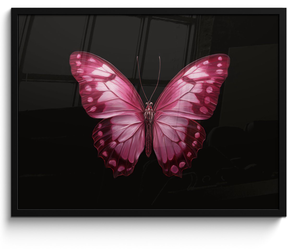FrameYourWall Poster in lijst - Fotolijst 70x50 cm - Posters - Vlinder - Fuchsia - Grafisch - Posterlijst zwart - Decoratie - Wanddecoratie woonkamer - Muurdecoratie slaapkamer Vlinder - Grafisch