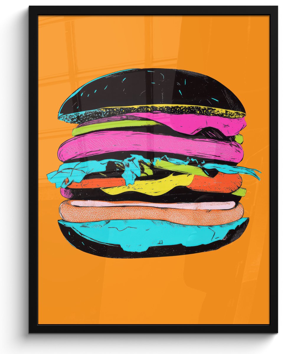 FrameYourWall Poster in lijst - Fotolijst 50x70 cm - Posters - Hamburger - Kleurrijk - Speels - Posterlijst zwart - Decoratie - Wanddecoratie woonkamer - Muurdecoratie slaapkamer