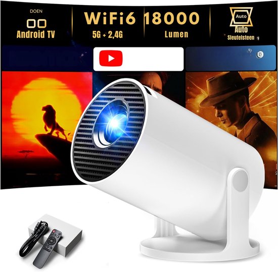 Draagbare beamer wit met Android TV, short throw projector 0.8:1, compact mini beamer, groot scherm overal