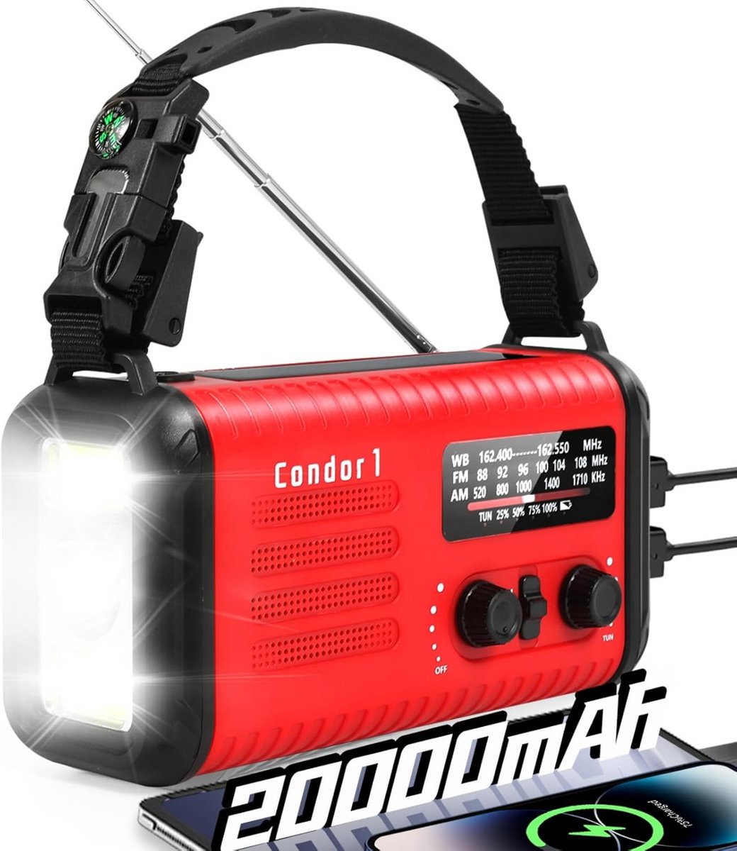 Weer en Noodradio met Oplaadbare Batterij, Zaklamp en Telefoonlader